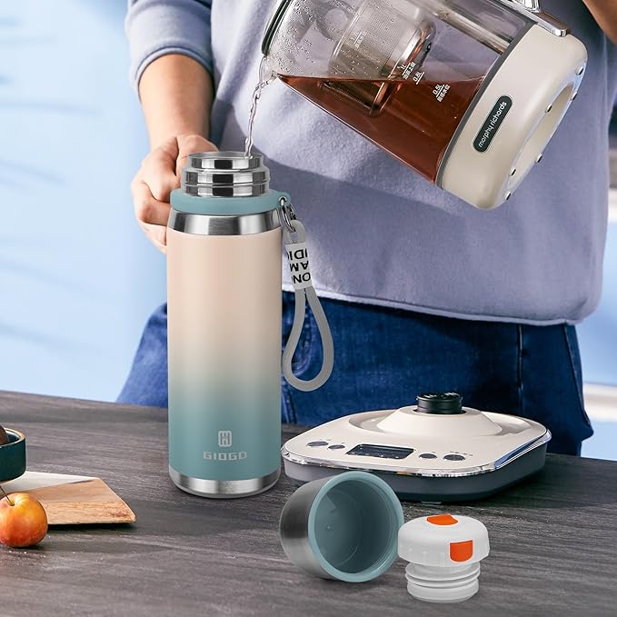 Stainless Steel thermo Bottles with cup 700ml/23.7oz Vacuum Insulated Bottle for hot and cold coffee drink water thermo flask with cup.(Gradient Blue,700ml)