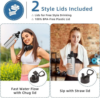 Volhoply 32 oz Insulated Water Bottles Bulk 8 Pack with Straw Lid & Spout Lid,Stainless Steel Sports Water Bottle,Double Wall Vacuum Cups,Leakproof Wide Mouth Metal Flask for Travel(Silver,8)