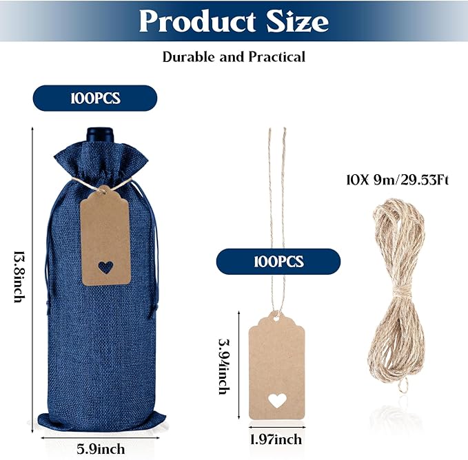 Windyun 100 Pcs Burlap Wine Bags Bottle Gift Sacks with Tags 5.9 x 13.8 Inch Jute Burlap Plain Wine Bags for Wedding Birthday Blind Tastings Christmas Travel Party (Royal Blue)