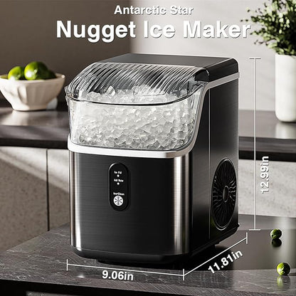 Antarctic Star Nugget Ice Makers Countertop, Pebble Ice Machine with Chewable Pellet Ice, 34Lbs/24H, Self-Cleaning, Sonic Ice, One-Click Operation, for Kitchen,Office Stainless Steel Black