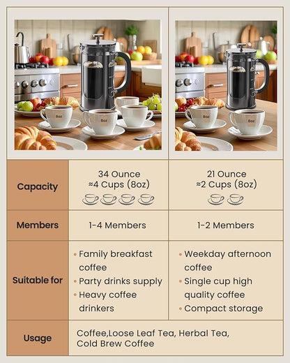 BAYKA French Press Coffee Maker 34 Ounce 1 Liter, Borosilicate Glass Stainless Steel Brewer, Large Portable Cold Brew Cafetera Teapot for Kitchen Travel Camping Coffee Bar Accessories, Dark Pewter