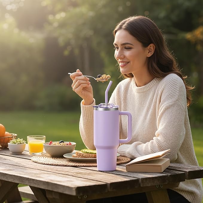 COKTIK 40 oz Tumbler With Handle and Straw Lid, Vacuum Insulated Travel Coffee Mug Stainless Steel Insulated Cup for Beverages, Leak-proof, Cupholder Friendly (Lavender)
