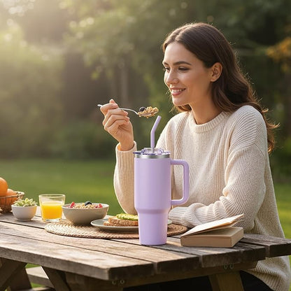 COKTIK 40 oz Tumbler With Handle and Straw Lid, Vacuum Insulated Travel Coffee Mug Stainless Steel Insulated Cup for Beverages, Leak-proof, Cupholder Friendly (Lavender)