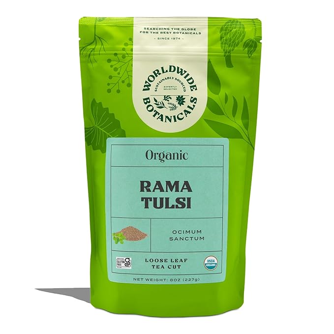 Worldwide Botanicals Organic Holy Basil Tea, 8oz - Tulsi Rama - Loose Leaf Premium Herbal Tea, 100% Pure Tulsi Holy Basil, Fair Trade, Adaptogenic, Kosher