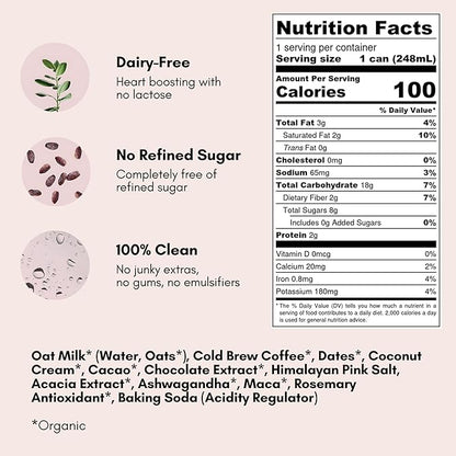 Pop & Bottle, Oat Milk Lattes - Cold Brew with Adaptogens, Maca, Ashwagandha, MCT Oil, Oat Milk, Organic, Dairy Free, Gluten Free, Great as Iced Coffee, Lightly Sweetened with Dates - Mocha, 8 Fl Oz (12 Pack)