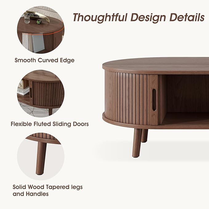 Alohappy Oval Coffee Table, Mid Century Modern Coffee Table with Sliding Tambour Door, Fluted Center Table with Hidden Storage, Curved Profile Dining Table for Living Room, Home Office,Walnut