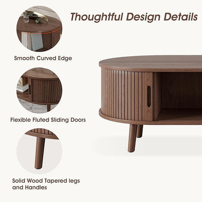 Alohappy Oval Coffee Table, Mid Century Modern Coffee Table with Sliding Tambour Door, Fluted Center Table with Hidden Storage, Curved Profile Dining Table for Living Room, Home Office,Walnut