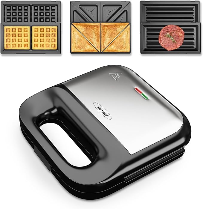 Sunvivi Waffle Iron, Panini Press Grill and Sandwich Maker Set, 3 in 1 Electric Sandwich Press with Removable Non-Stick Plates, Indicator Lights & Cool Touch Handle 750W