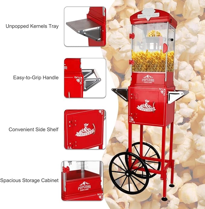 Portable Popcorn Machine with Cart & Wheels, 10 Oz Commercial Popcorn Maker with Kettle, Includes 3 Measuring Spoons for Home Theater, Parties, Events