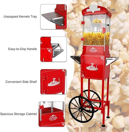 Portable Popcorn Machine with Cart & Wheels, 10 Oz Commercial Popcorn Maker with Kettle, Includes 3 Measuring Spoons for Home Theater, Parties, Events