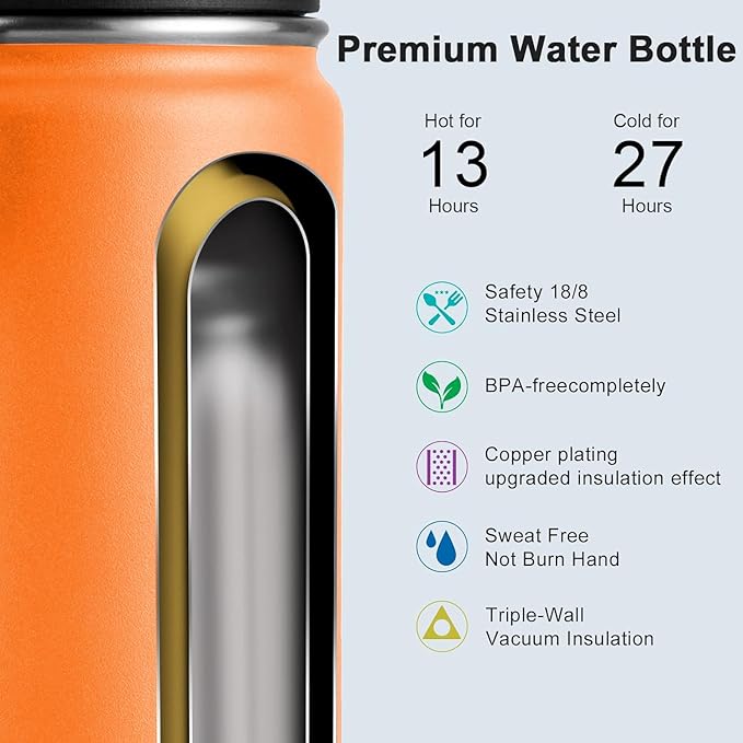 koodee Small Water Bottle 12 oz Stainless Steel Vacuum Insulated Wide Mouth Water Bottle with Leakproof Spout Lid（Cosmic Orange）