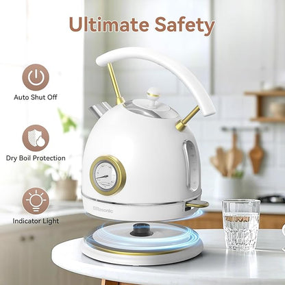 Rasonic Classic Retro Electric Kettle, 1.8L Stainless Steel, 1500W Fast Quiet Boiling, Temperature Gauge, LED Light, Auto Shut-Off, Home & Office Use - White and Champagne Gold