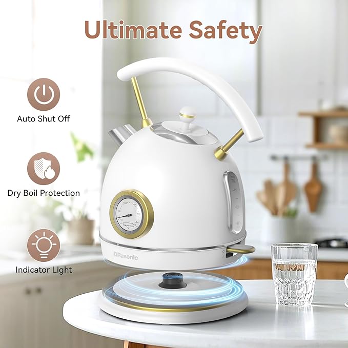Rasonic Classic Retro Electric Kettle, 1.8L Stainless Steel, 1500W Fast Quiet Boiling, Temperature Gauge, LED Light, Auto Shut-Off, Home & Office Use - White and Champagne Gold