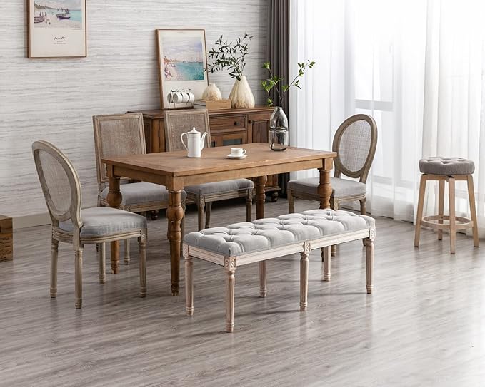 CIMOTA Farmhouse Dining Chairs Set of 6, French Rattan Dining Room Chairs with Rectangle Back/Distressed Wood Upholstered Vintage Side Chairs for Kitchen/Restaurant, Grey/6PCS