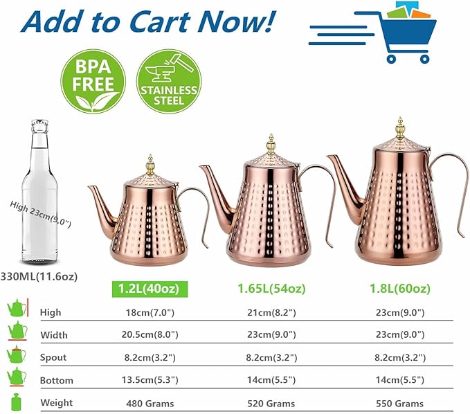 SANQIAHOME 1.2L(40oz) Stainless Steel Hammer Patterned Teapot With Removeable Infuser,Loose leaf cover,Copper