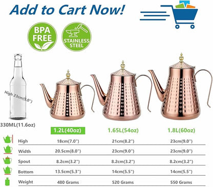 SANQIAHOME 1.2L(40oz) Stainless Steel Hammer Patterned Teapot With Removeable Infuser,Loose leaf cover,Copper