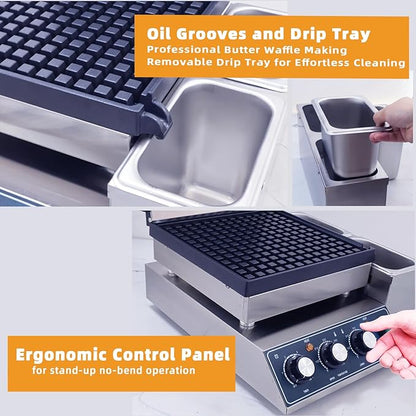 Hehinton® Commercial Waffle Maker, 110V 2300W Belgian Waffle Maker with Oil Grooves and Drip Tray, Heavy Duty Stainless Steel Body, Nonstick Waffle Iron Perfect for Home Kitchen Restaurant