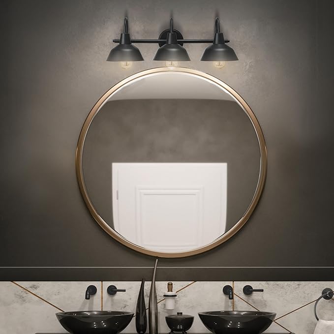 Globe Electric 65554 Barnyard 3-Light Vanity Light, Matte Black, White Interior Shades