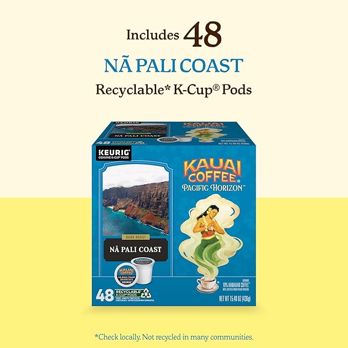 Kauai Coffee K-Cup Pods for Keurig Brewers – Arabica Coffee, 10% Hawaiian – Dark Roast, Nutty with Sweet Chocolate Overtones – Na Pali Coast, 1 Pack of 48 Single Serve K-Cups