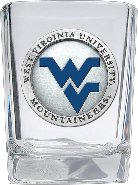 Heritage Pewter University of West Virginia Square Shot Glass | Hand-Sculpted 1.5 Ounce Shot Glass | Intricately Crafted Metal Pewter Alma Mater Inlay