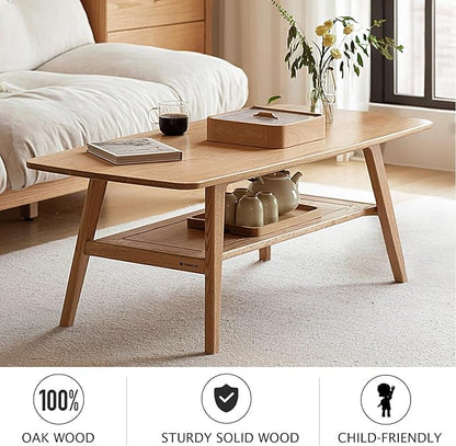 Wood Coffee Table - 2-Tier Oak Coffee Table - Modern Center Coffee Table with Storage Shelf for Living Room, Apartment, and Office