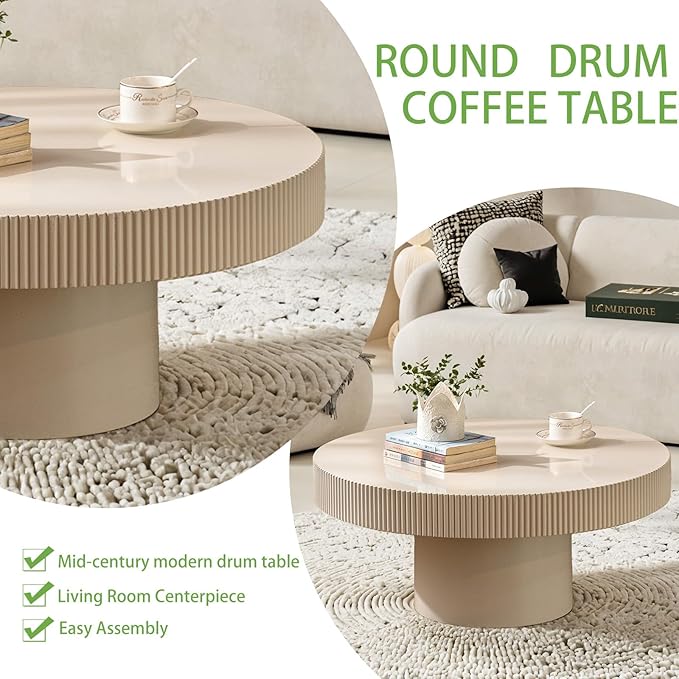 Handmade Wooden Drum Coffee Table、Elegant Round Fluted Wood Coffee Tables、Rustic Modern Circular Centerpiece for Living Room & Farmhouse Decor (A White 30.7in)