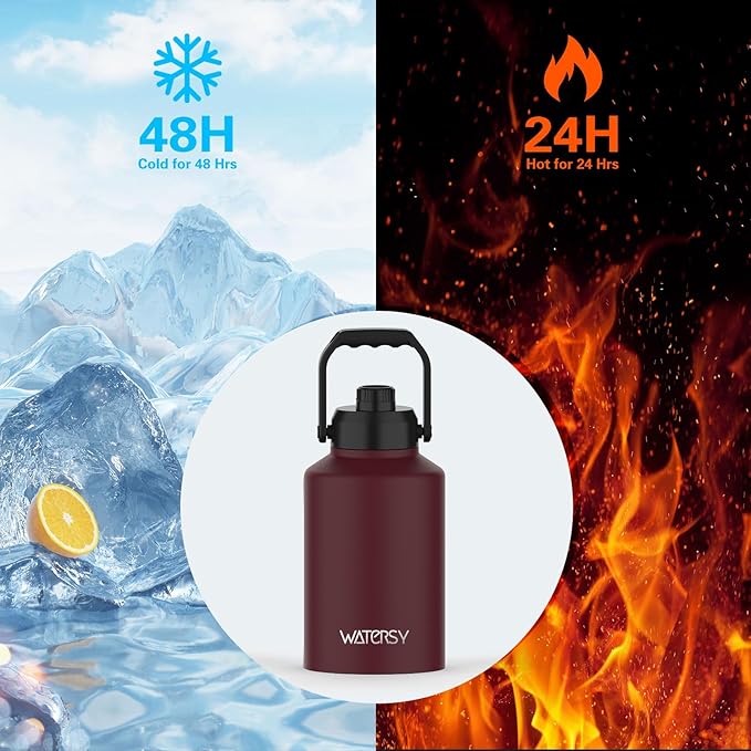 Half Gallon Water Bottle Insulated(Cold for 48 Hrs),BPA Free&Leak Proof,64oz Stainless Steel Water Jug/Flask,Big thermo,Large Water Bottle with Handle for Gym,Hiking,Camping,Brick Red