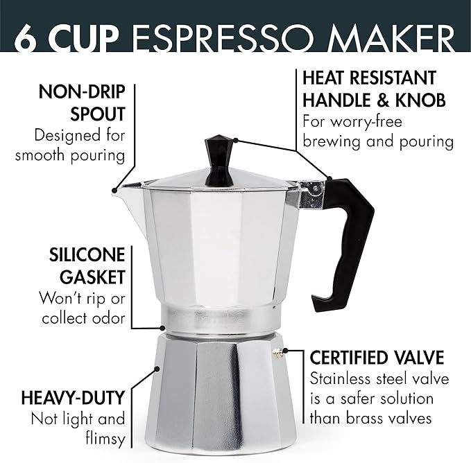 Primula Classic Stovetop Espresso and Coffee Maker, Moka Pot for Italian and Cuban Café Brewing, Greca Coffee Maker, Cafeteras, 6 Espresso Cups, Silver