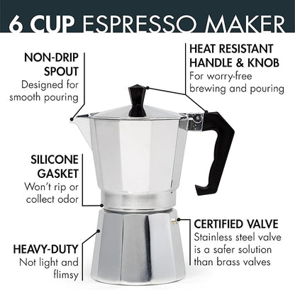 Primula Classic Stovetop Espresso and Coffee Maker, Moka Pot for Italian and Cuban Café Brewing, Greca Coffee Maker, Cafeteras, 6 Espresso Cups, Silver