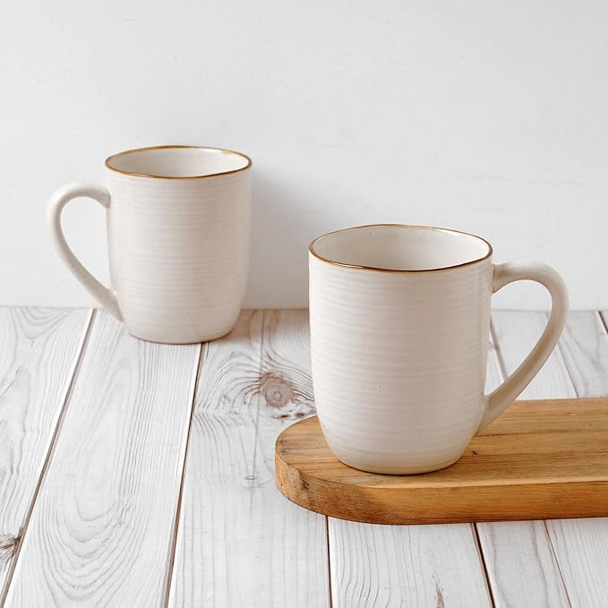 famiware Tempus Coffee Mugs Set of 4, 14 oz Cup Set, Stoneware Mugs with Handle for Coffee, Tea, Cocoa, Milk, Cappuccino, Microwave Safe - Antique White