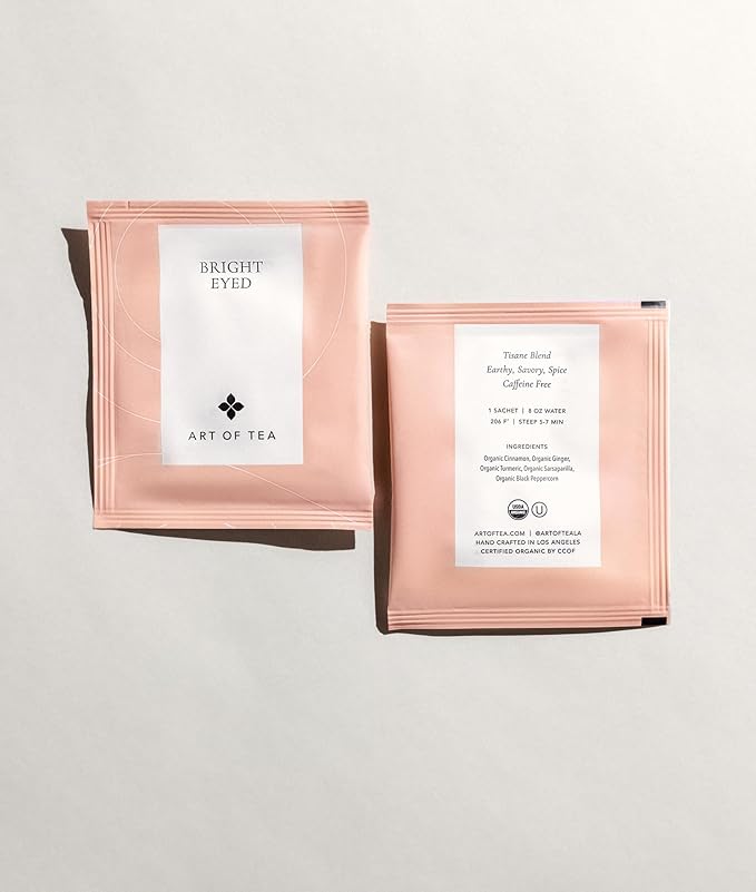 Art of Tea | Bright Eyed Turmeric Ginger Tea - Caffeine Free Turmeric Ginger Tea Bags | 50 Eco Friendly Pyramid Sachets