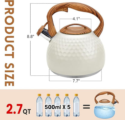 GGC Tea Kettle for Stove Top, Loud Whistling Kettle for Boiling Water Coffee or Milk, 3.1 Quart 3L Heavy Stainless Steel White Kettles with Wood Pattern Handle, Unique Button Control Kettle Outle
