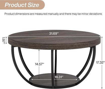 Tribesigns Round Coffee Table, 31.7" Wooden 2-Tier Circle Coffee Table with Storage Shelves, Modern Accent Cocktail Table Center Table for Living Room, Grey