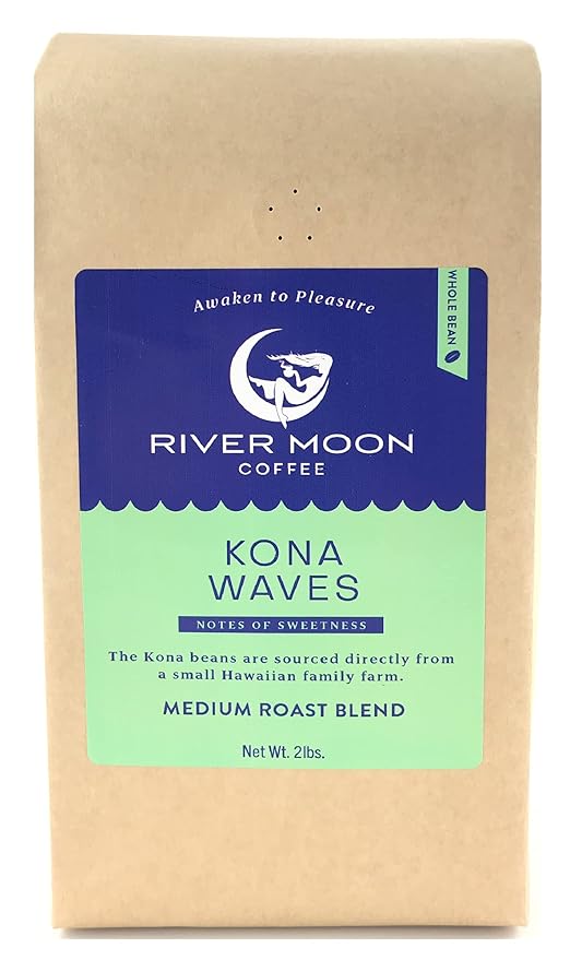 River Moon Coffee, Kona Coffee Whole Bean, Medium Roast, 2 lbs, Kona Waves Hawaiian Blend, Sustainably Farmed, 100% Arabica