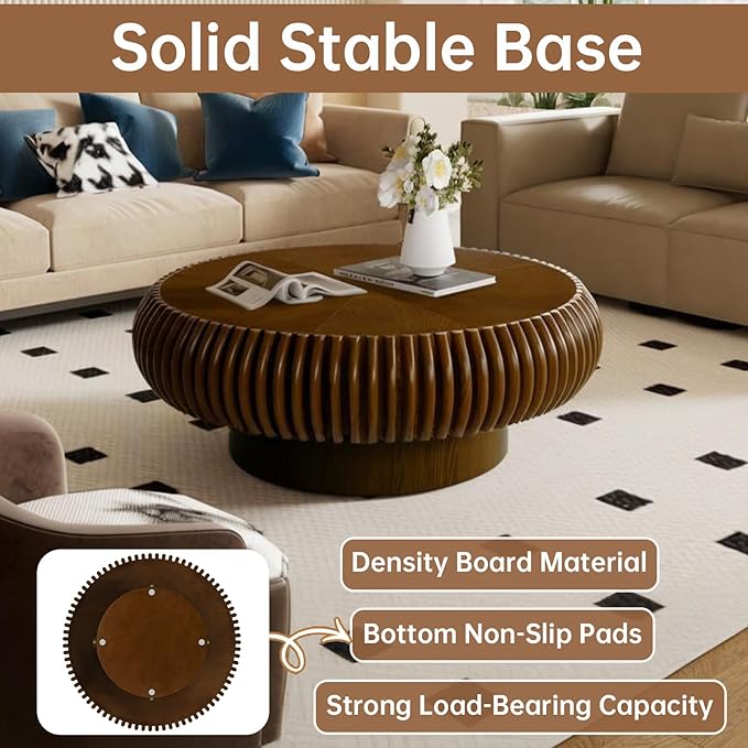 Round Coffee Table 31.4" Modern Brown Fluted Coffee Table Low Walnut Round Drum Pedestal Coffee Tables for Living Room Farmhouse (Walnut 31.4in)