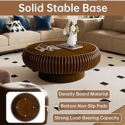 Round Coffee Table 31.4" Modern Brown Fluted Coffee Table Low Walnut Round Drum Pedestal Coffee Tables for Living Room Farmhouse (Walnut 31.4in)