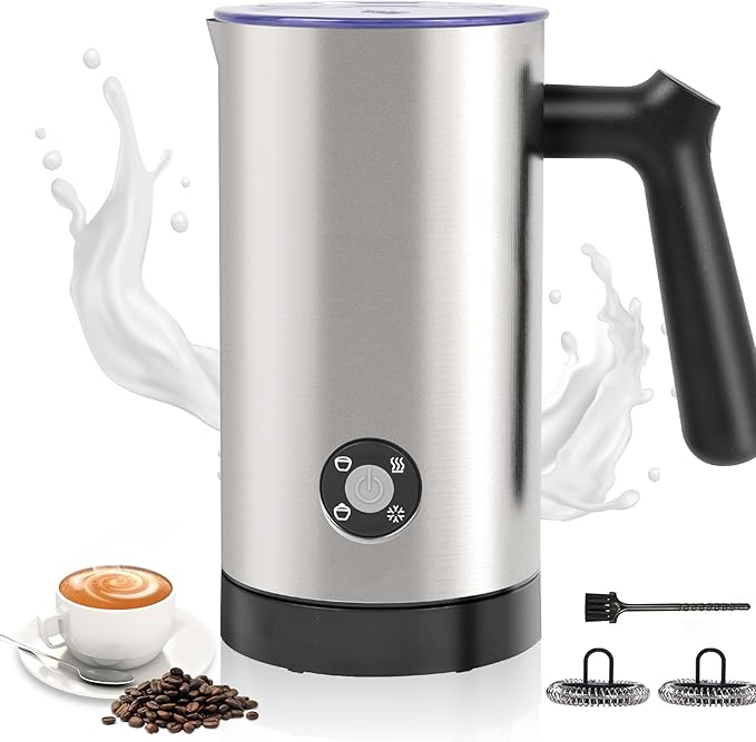 Milk Frother, 4-in-1 Milk Frother and Steamer, 10.6oz Electric Milk Steamer, Automatic Cold and Hot Foam maker for Lattes, Cappuccinos, Ceramic Lining Interior, Brushed