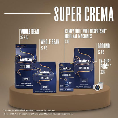 Lavazza Super Crema Whole Bean Coffee, Medium Espresso Roast, Arabica and Robusta Blend, 2.2 lb Bag (Pack of 4)