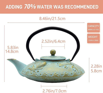 27.1oz Small Cast Iron Teapot, SECHUDO Japanese Style Tea Kettle Coated with Enameled Interior for Stovetop Safe,Cast Iron Tea Pot with Stainless Steel Strainer for Loose Leaf,Flat Fish Pattern(800ml)