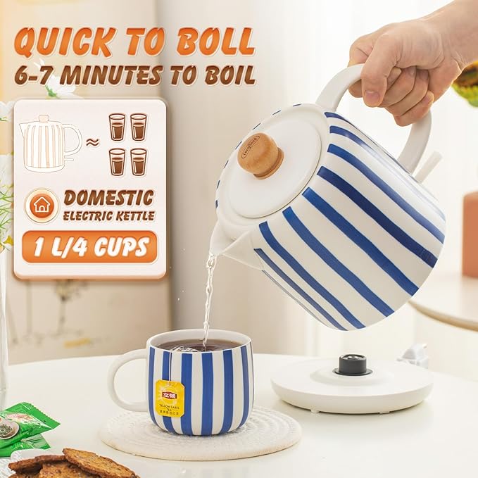 1.0-Liter Ceramic Electric Kettle, 1000W Rapid Boil, Tea Kettles Pot & Hot Water Boiler For Coffee & Tea, Teapot Auto Shut-Off, Boil-Dry Protection