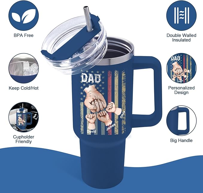 Custom Dad Tumbler with Kids Names, Personalized 40 Oz Tumbler with Handle and Straw, Personalized Birthday Gifts for Dad Husband