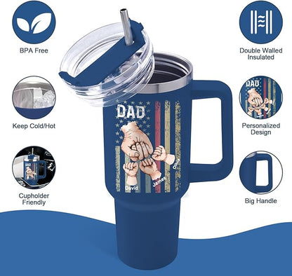 Custom Dad Tumbler with Kids Names, Personalized 40 Oz Tumbler with Handle and Straw, Personalized Birthday Gifts for Dad Husband