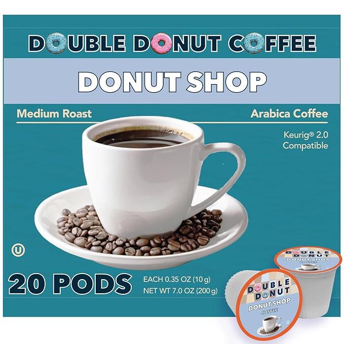 Double Donut Coffee Donut Shop Flavored Coffee Pods, Medium Roast Blend Coffee, Compatible with Keurig K Cup Brewer Machines, 20 Count (Pack of 1)
