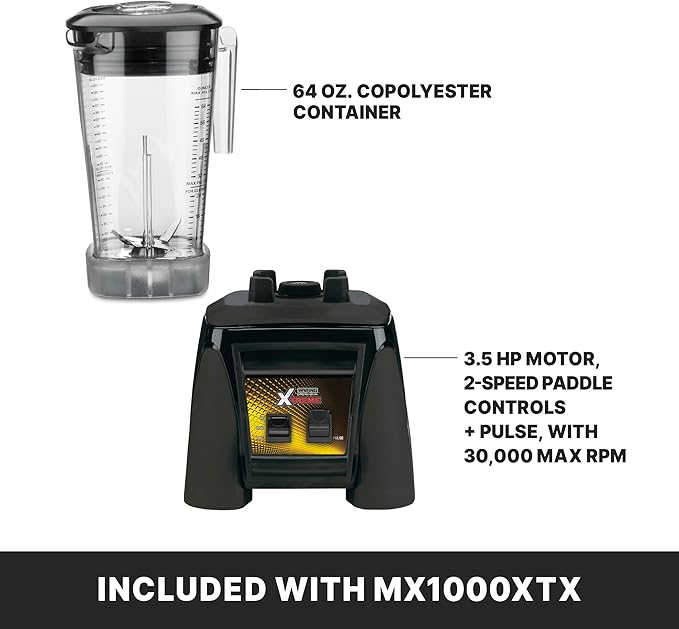Waring Commercial MX1000XTX 3.5 HP Blender with Paddle Switches, Pulse Feature and a 64 oz. BPA Free Copolyester Container, 120V, 5-15 Phase Plug, Black