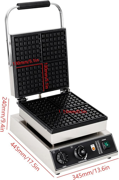 Commercial Waffle Maker, 4pcs Rectangle Waffle Iron, Non-Stick Industrial Belgian Waffle Maker Stainless Steel 110V Temp and Time Control, Suitable for Restaurant Bakeries Snack Bar Family