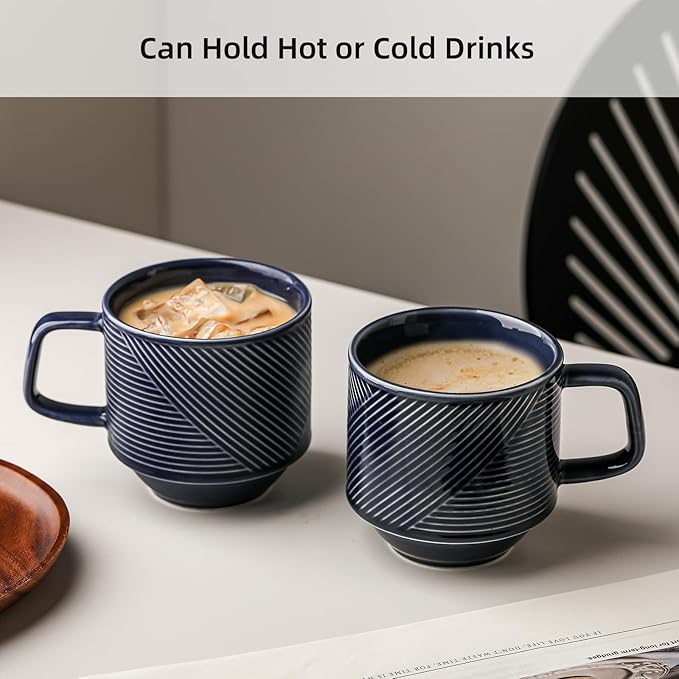 Stackable Coffee Mugs Set: 13 oz Ceramic Stacking Cups for Cappuccino Latte Tea - Microwave Safe Mug for Home & Office - 4 PCS, Navy