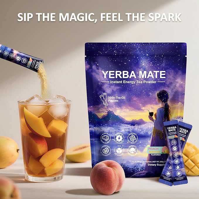 Yerba Mate Peach Mango Drink Mix - Instant Tea Powder with Natural Caffeine & Probiotics for Gut Health, Focus, Cortisol Levels, Immunity, 30 Servings Clean Energy Drink Powdered, No Crash, Sugar-Free