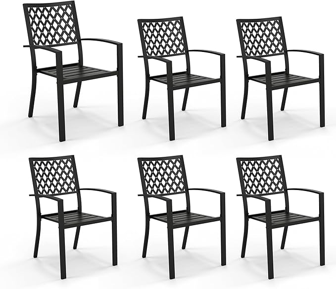 PHI VILLA Wrought Iron Patio Dining Chairs, Stackable Black Outdoor Patio Chairs Set of 6, Metal Patio Chairs, Support 300 LBS, Black