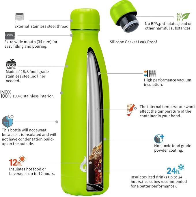 BJPKPK Stainless Steel Water Bottles 17oz Insulated Water Bottle for Travel,Green