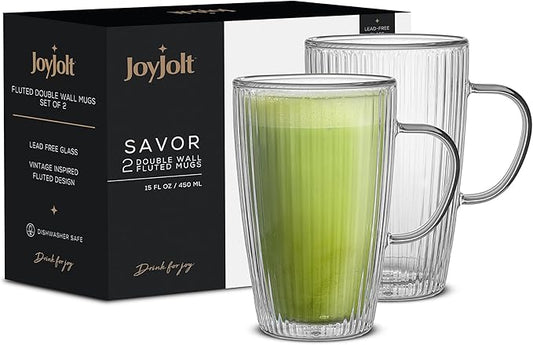 JoyJolt Fluted Glass Coffee Mugs - Double Insulated, 15oz Large Set of 2, Thermal Glass Coffee Mugs